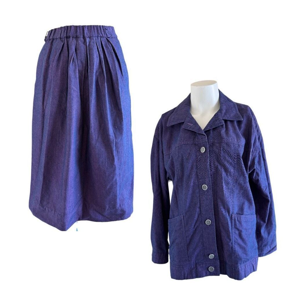 Purple metallic women’s vintage 90s button up blazer pleated midi skirt set M
